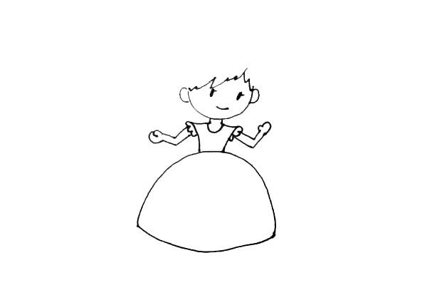 第五步：在身子的下面画上一个大半圆，再用弧线连起来，作成小公主的裙子。