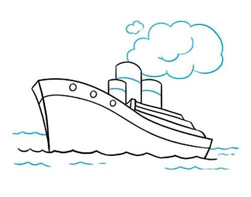 9.用一系列短的曲线画出中心烟囱上方的烟雾笼罩效果,并且继续画些海水。