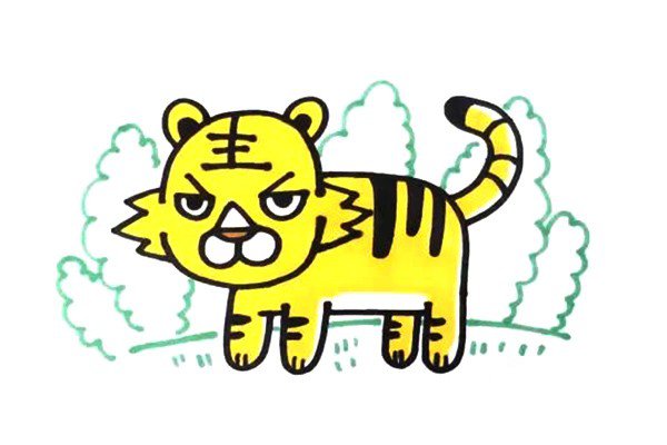5.老虎全身都是黄色，认真的把颜色涂均匀，再用线条画出一些树木。