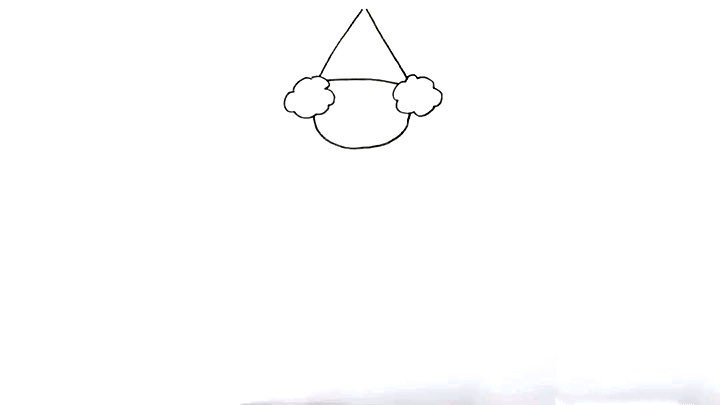 3.用三角形给小丑画上帽子， 小丑的头部形状大致就画好了。