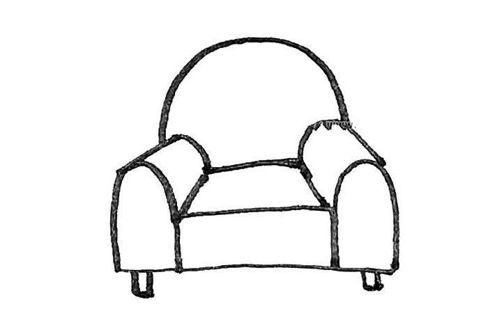 第五步：在后面画上一条弧线作为靠背，下面画上两个小长方形作为沙发脚。