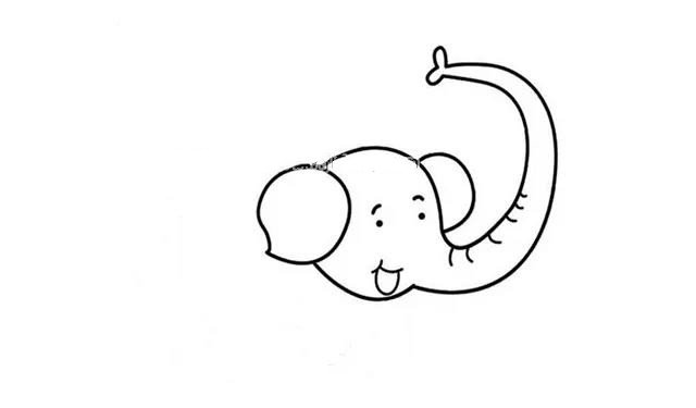 第三步  接着画出大象的眉毛和小小的眼睛，在鼻子下面画上张开着的嘴巴。