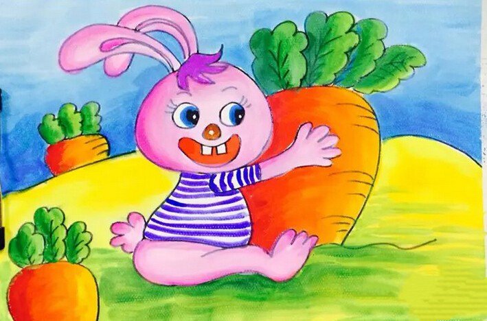 小兔子拔萝卜,创意儿童画范画欣赏