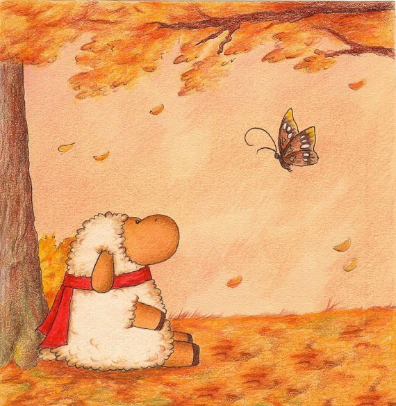 树林里的绵羊绘画 秋天色彩儿童画图片欣赏