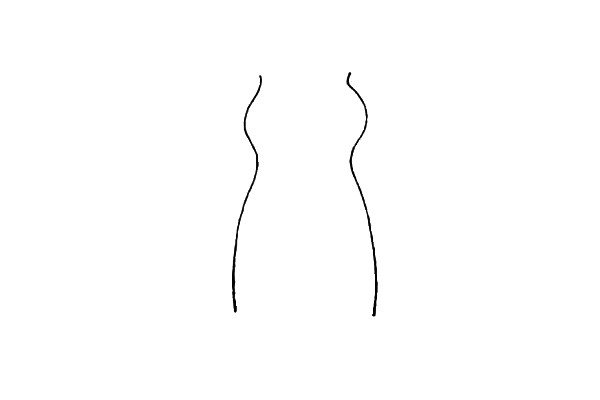 第一步：先画上连衣裙大致形状，两条对称的弧线。
