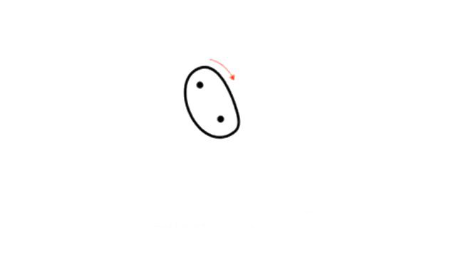 第一步  首先画出马的大鼻子，按照顺时针方向画一个树状的椭圆，在椭圆两边画两个小圈圈，小圈圈涂成黑色。