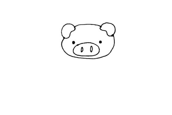第三步：画上一个小椭圆，里面画上两个小圆圈是小猪的鼻孔。再画上它的小眼睛。