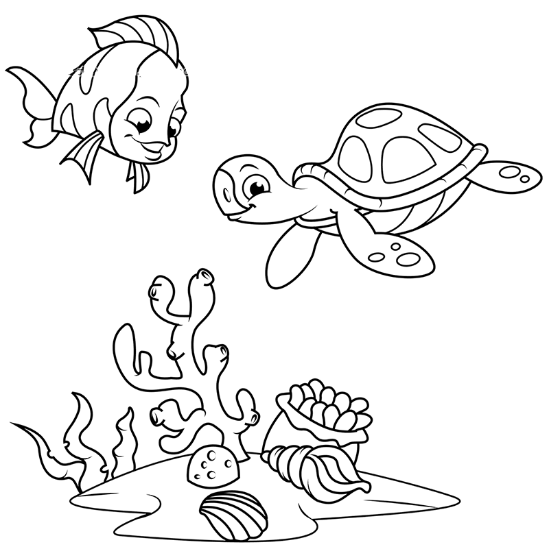 海底世界简笔画 珊瑚鱼和小海龟