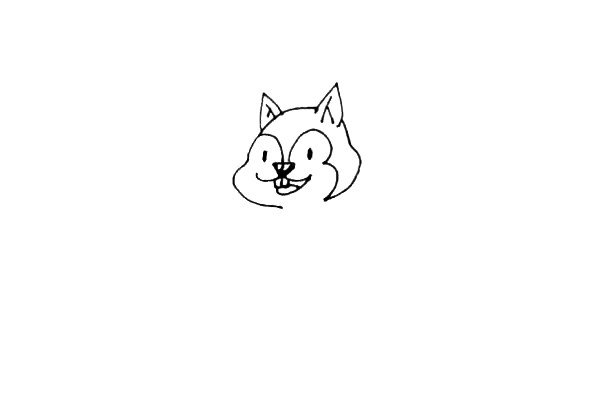 第三步：在鼻子下面画出松鼠的三瓣嘴，再画出牙齿和笑脸，点上两个小眼睛。