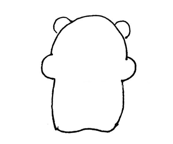第二步：在头上画半个椭圆形作为耳朵，下面画上两条弧线作为身子。