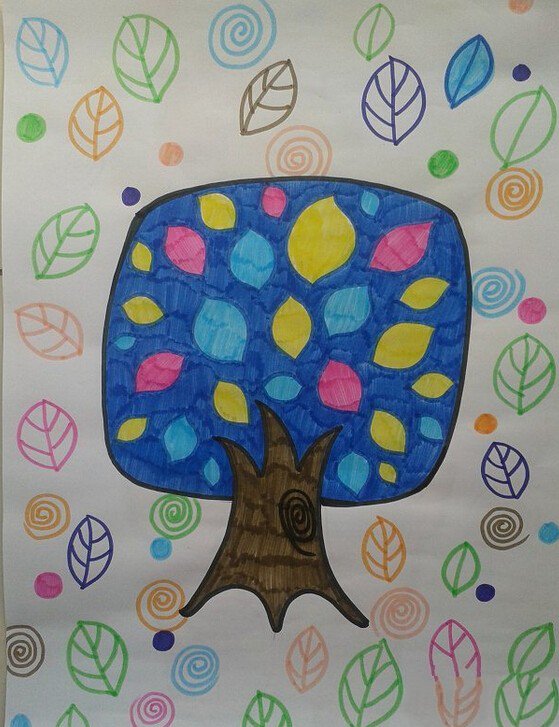秋天儿童画作品分享-不一样的松树