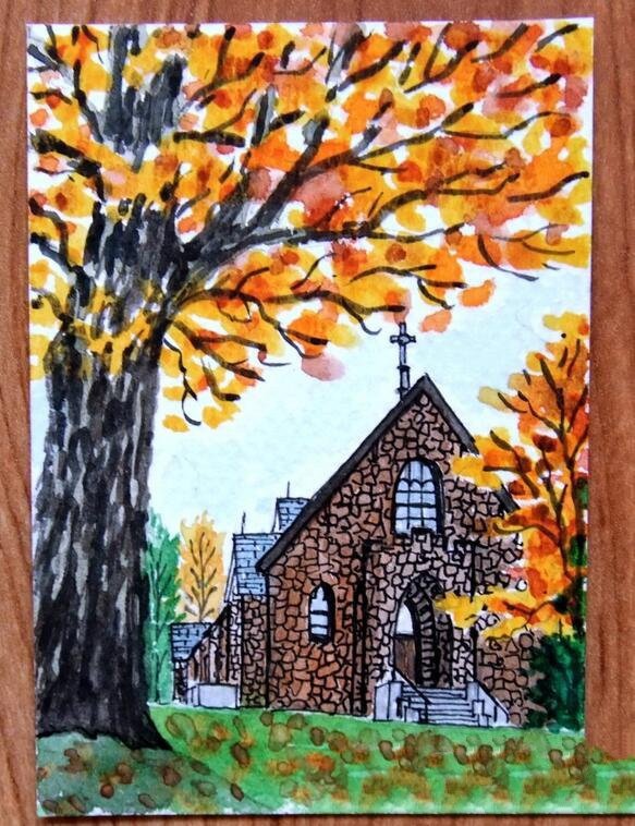 秋季的伯利恒教堂秋天水彩画作品欣赏