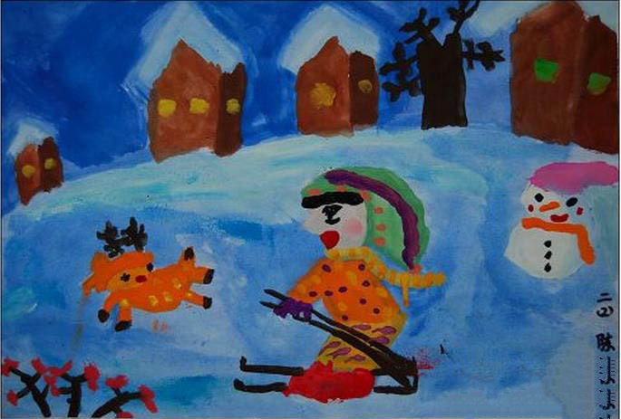 儿童画冬天的图画-快乐的冬天