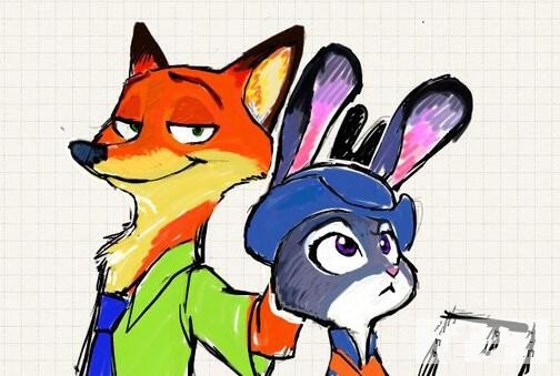 狐尼克和兔朱迪卡通水彩笔画作品分享