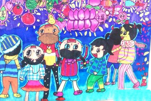 小学三年级元宵节儿童绘画图片：花灯展