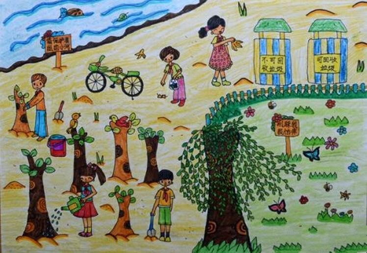 小河边种树记植树节儿童画获奖作品欣赏