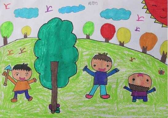 三个小男孩种树关于植树节的图画