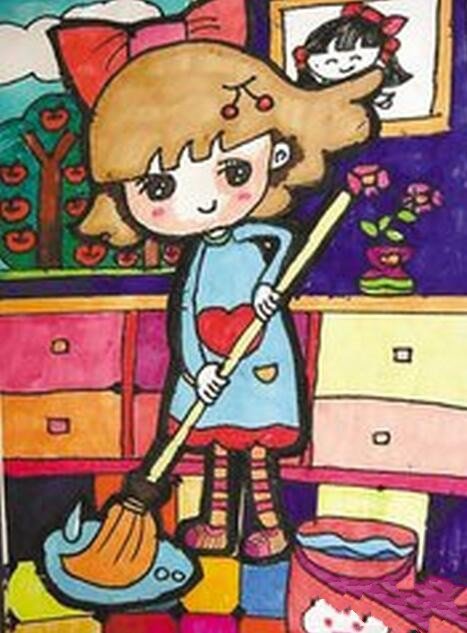 五一劳动节儿童绘画作品之打扫卫生的小女孩