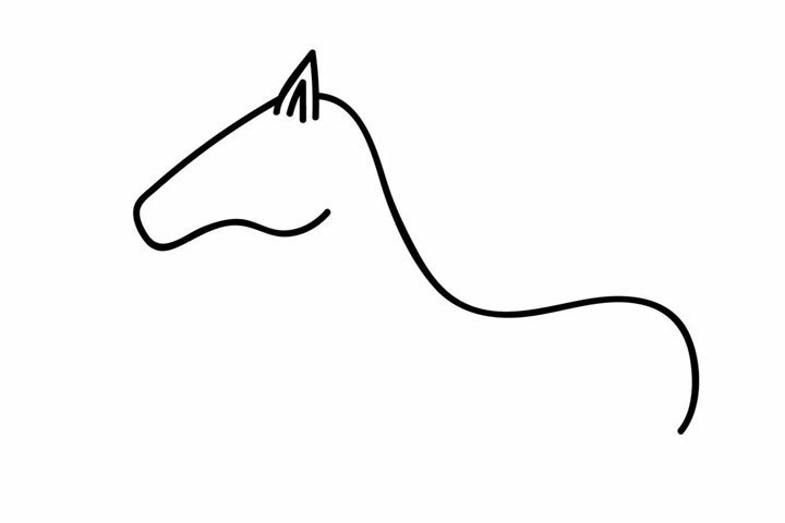 1.勾勒出独角兽的轮廓，画出弯曲的线条以及尖尖的耳朵。
