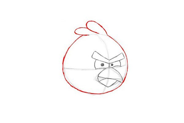 9.画红色愤怒的小鸟头部轮廓，注意要上窄下宽。在头顶，画两条长长的重叠曲线，作红色愤怒的小鸟头上的羽毛。