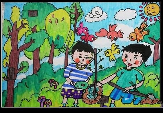 两个种树的小男孩植树节儿童画教师范画