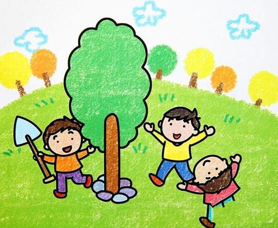 植树节少儿绘画作品之大家一起来种树