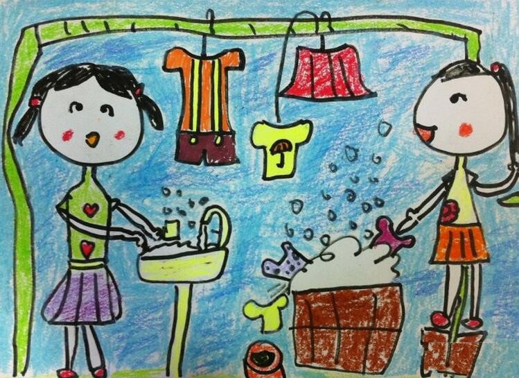 和姐姐一起洗衣服二年级劳动节图画分享