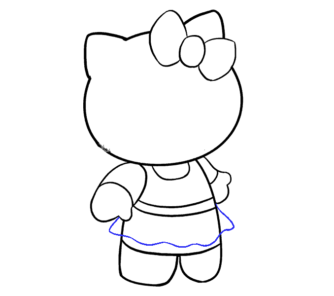 第10步：从直线上，延伸一条波状流动的曲线，画出凯蒂猫的裙摆。