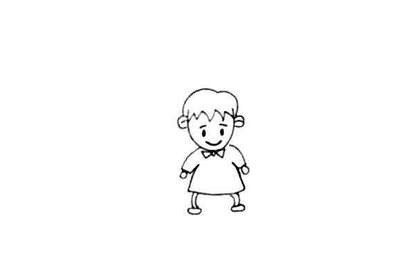 第四步：画上小圆表示小男孩的手，再画上他的腿和脚。