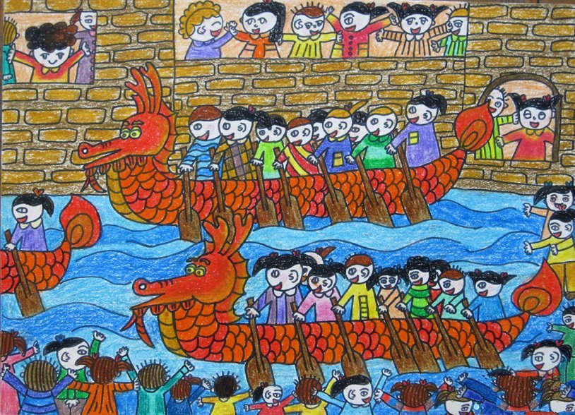 端午赛龙舟儿童画-端午节到咯