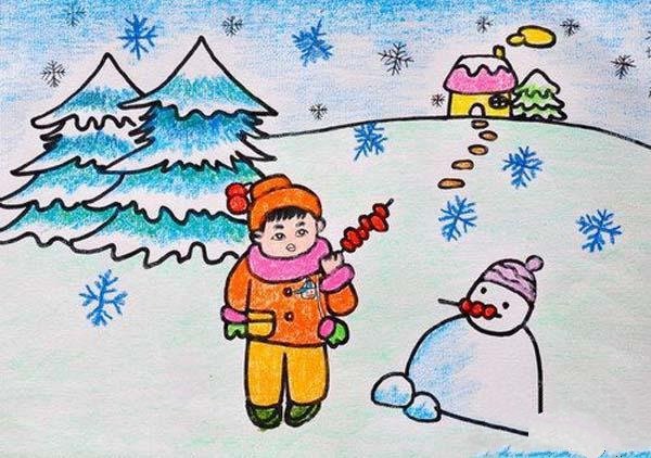 小学儿童蜡笔画获奖作品：冬天里的雪人