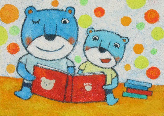 儿童参赛蜡笔画作品-小熊和熊妈妈一起看书