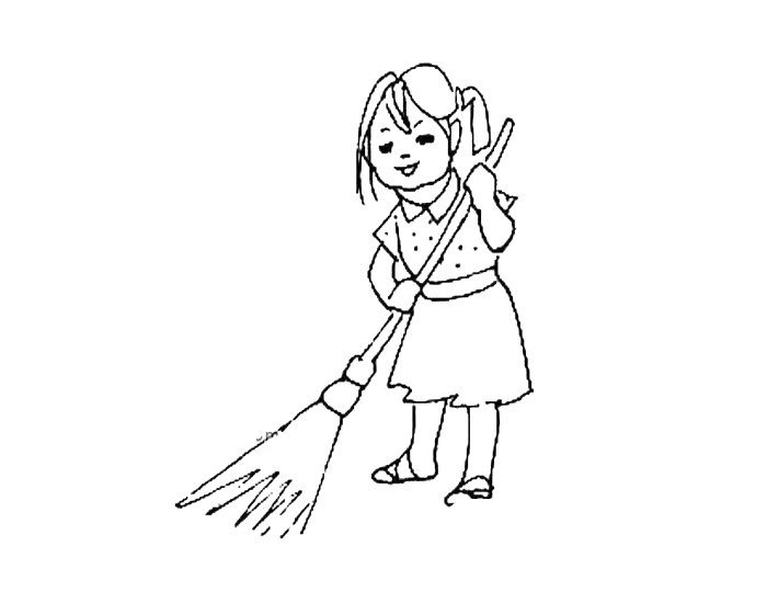小女孩在扫地