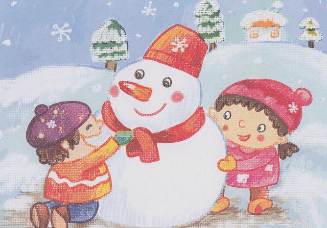 儿童画 小伙伴堆雪人