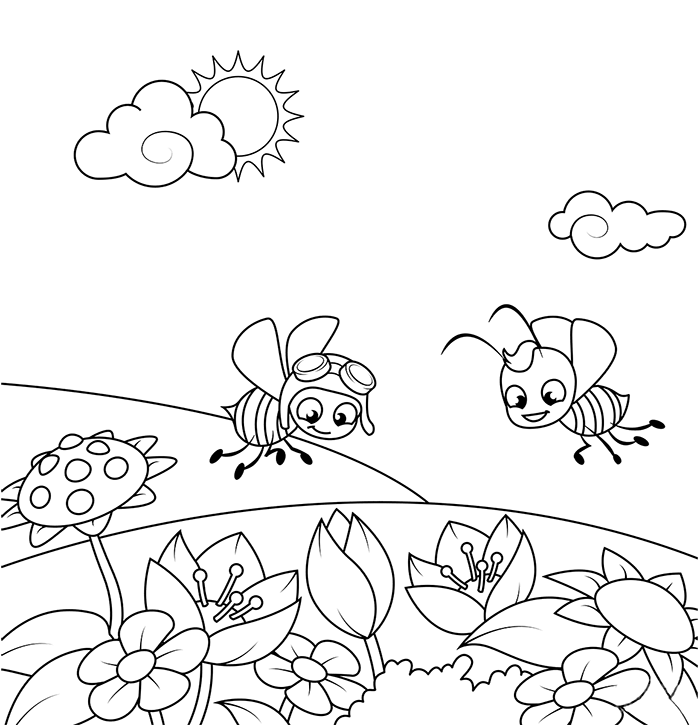 两只蜜蜂飞过一片开花的草地