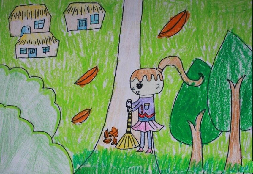 打扫院子的小女孩2016五一节儿童画作品赏析