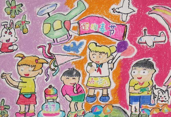 儿童画 迎接春节