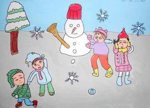 小朋友冬季堆雪人儿童画图片