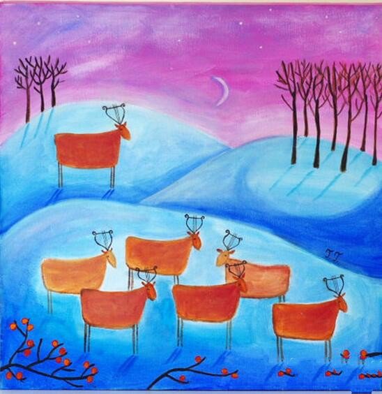 月光下的麋鹿冬天的景色画油画作品
