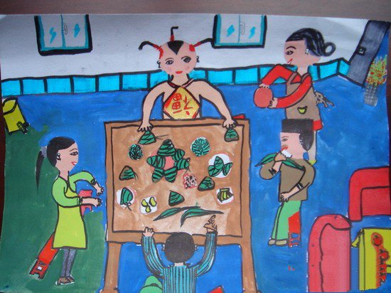 关于端午节的儿童画-大家一起包粽子