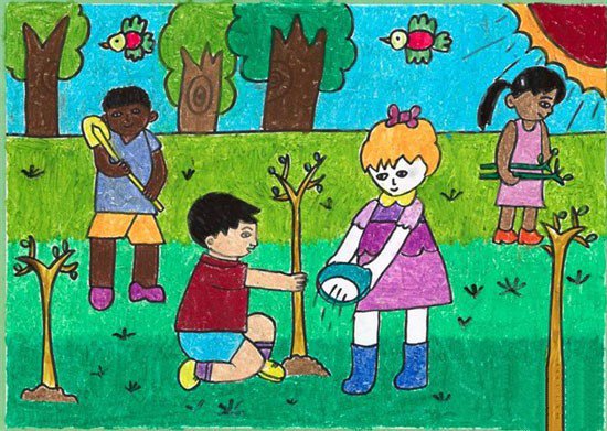 儿童画春天的图画-我们去植树