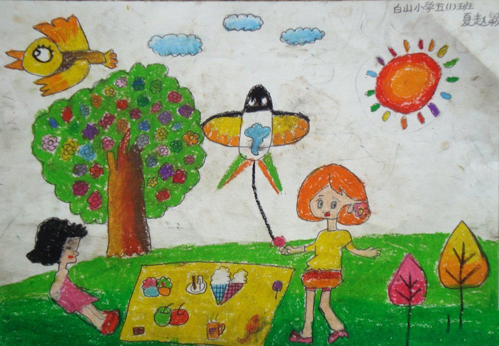 儿童画春天的图片-我和妈妈去野炊
