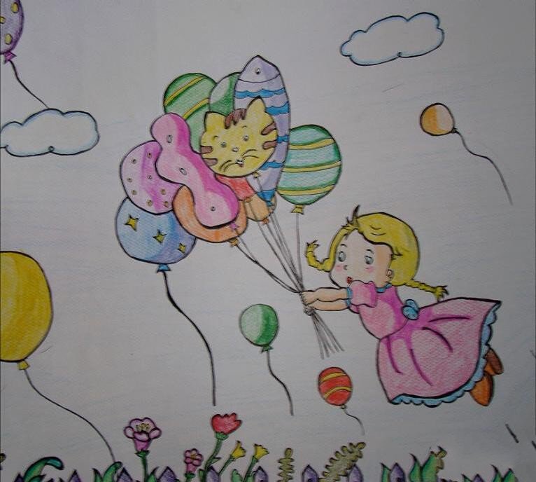 和气球一起飞快乐六一主题画作品分享