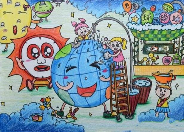 给地球洗澡11岁小朋友植树节创意画分享