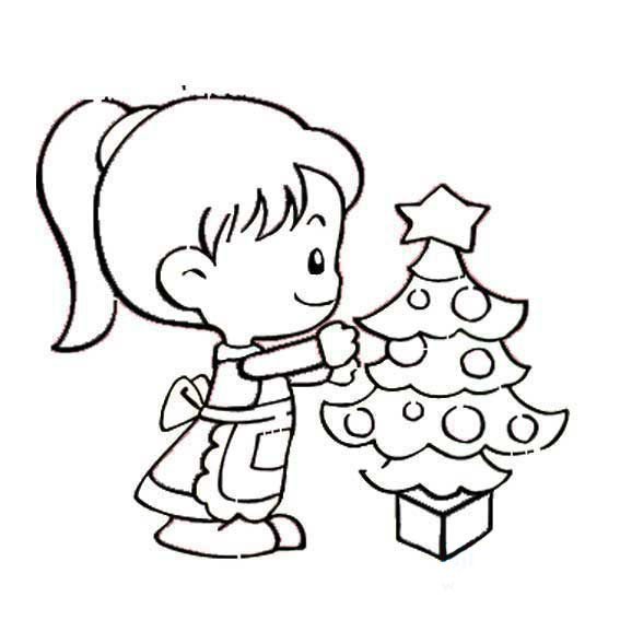 布置圣诞树的小女孩简笔画