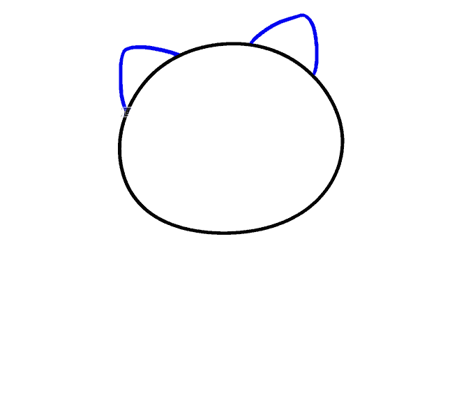第2步：在圆的顶部画两个圆形三角形，形成耳朵。