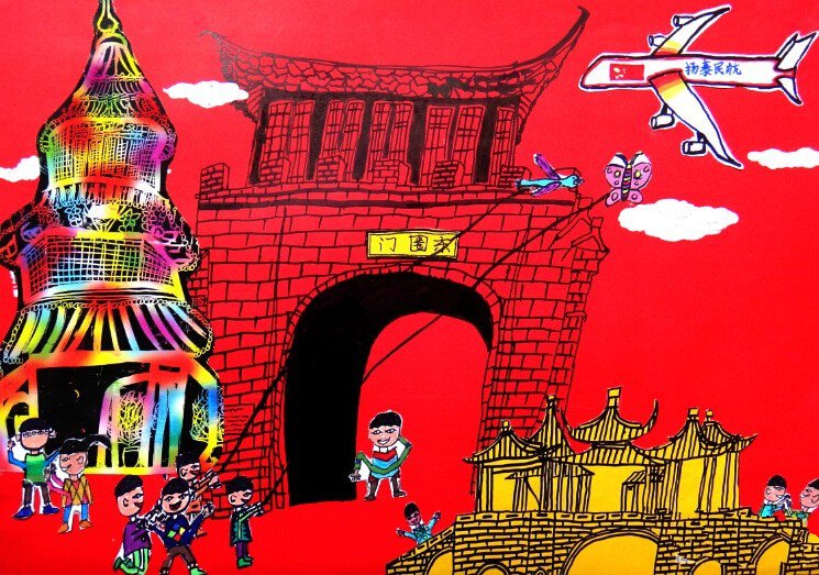 放风筝,重阳节的习俗儿童画作品欣赏