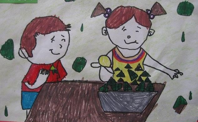 端午节吃粽子儿童画-快乐的包粽子