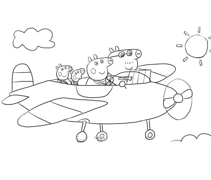小猪佩奇一家开飞机旅行简笔画2