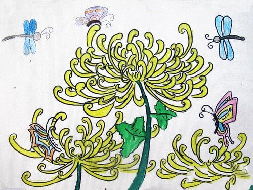 关于重阳节的儿童画-菊花蝴蝶